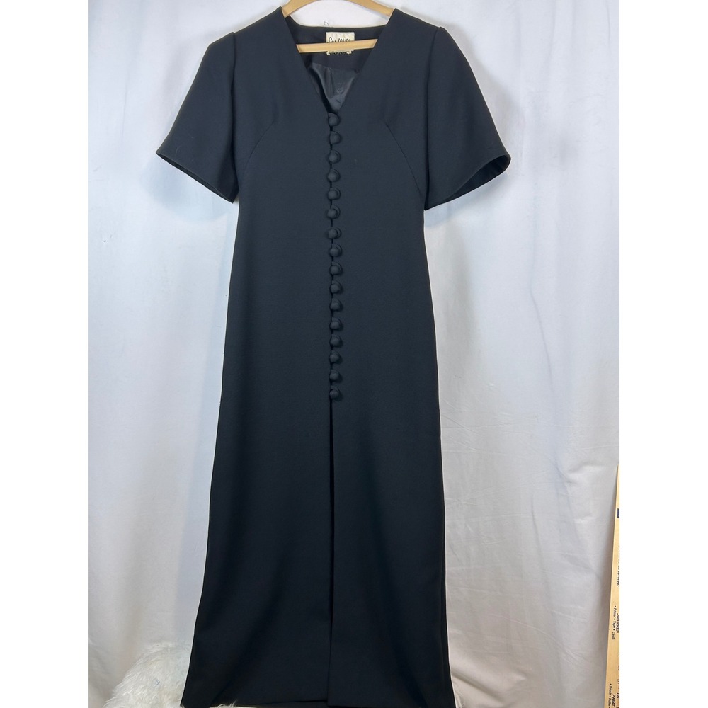 Vintage Les Wilk Black Maxi Dress Short Sleeve V-Neck Button Front Formal Gown S